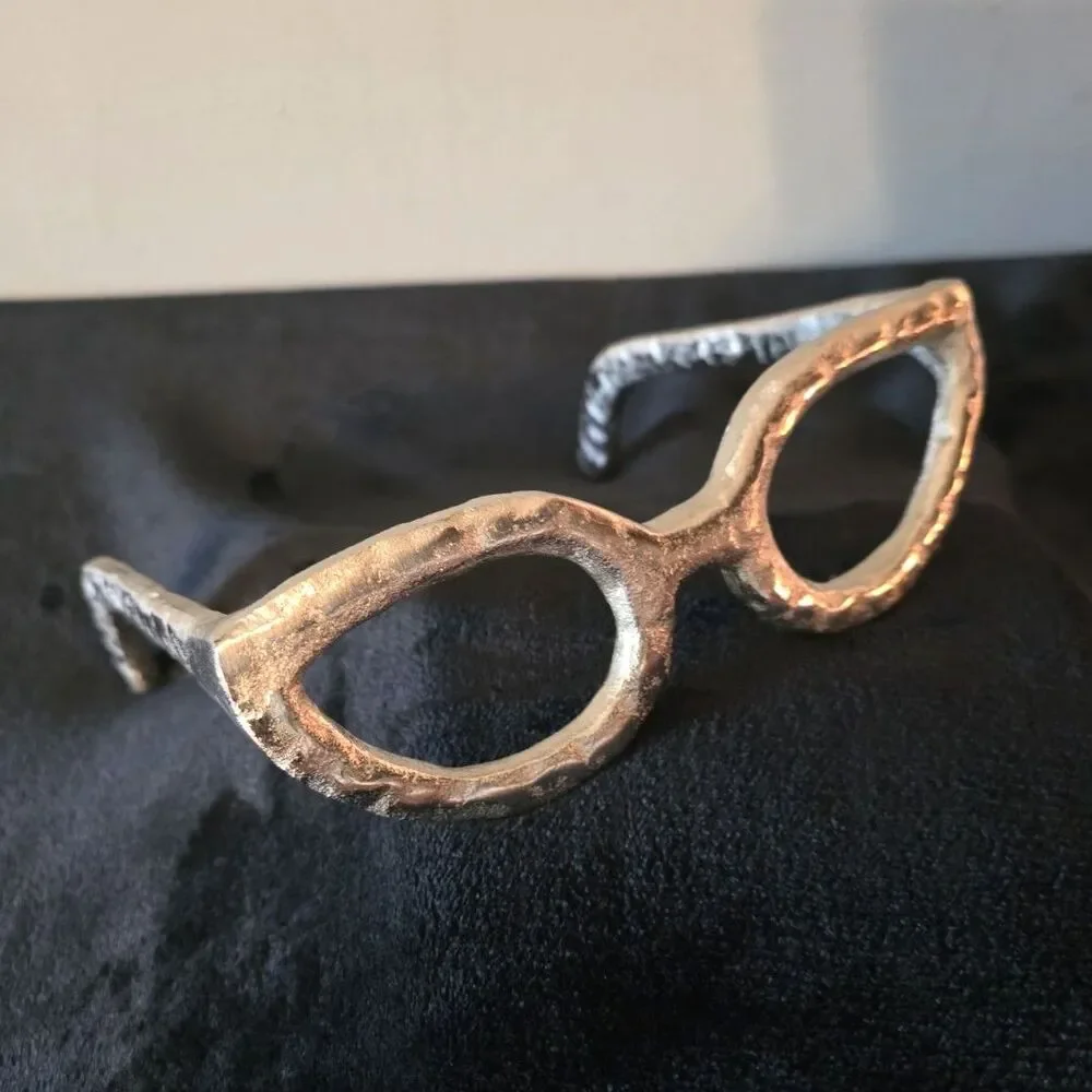 Decorative Silver Tone Eyeglasses Sculpture Metal Art Figurine Distressed